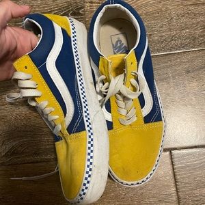 Blue and yellow checkered bottomed old skool vans